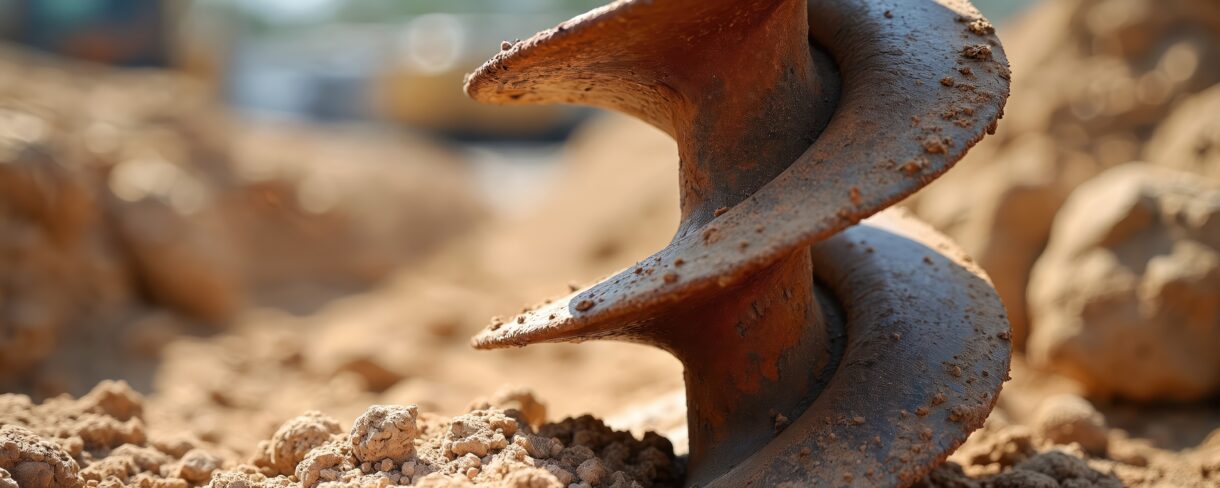 Close Up Of Spiral Soil Auger Bit. Heavy Construction Machinery Drills Into Dirt And Rock. Geotechnical Drilling Equipment For Earthworks And Repair.